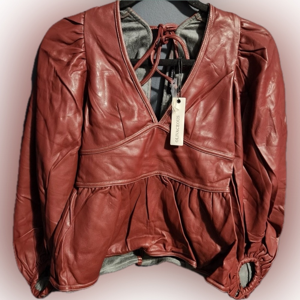 Olivaceous Deep Red Faux Leather Jacket - Picture 2 of 3